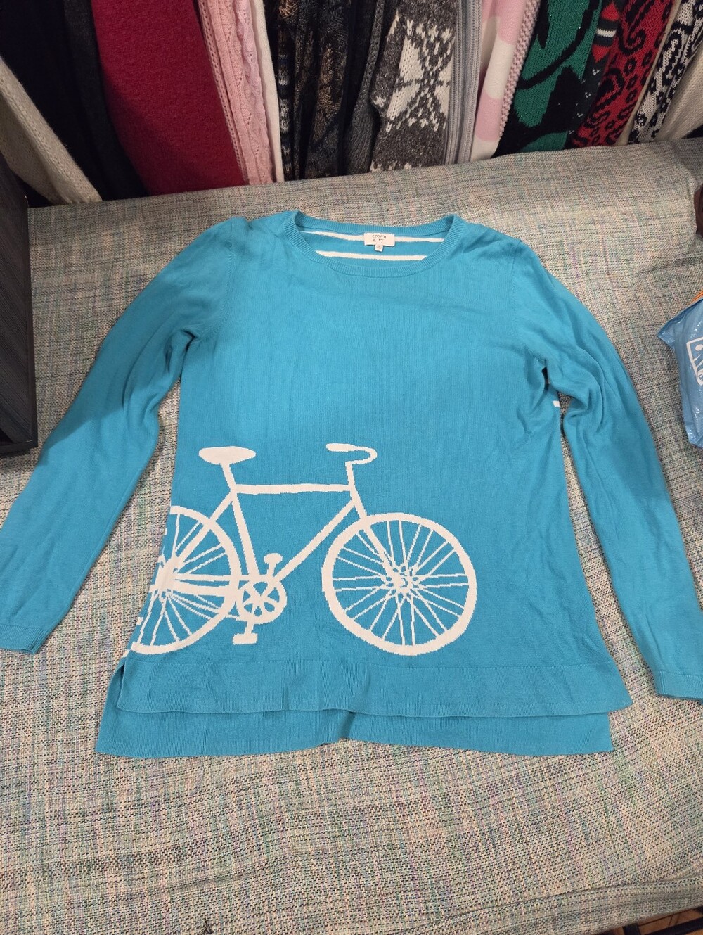 Crown & Ivy 100% Cotton Blue And White Striped Back Bicycle Sweater